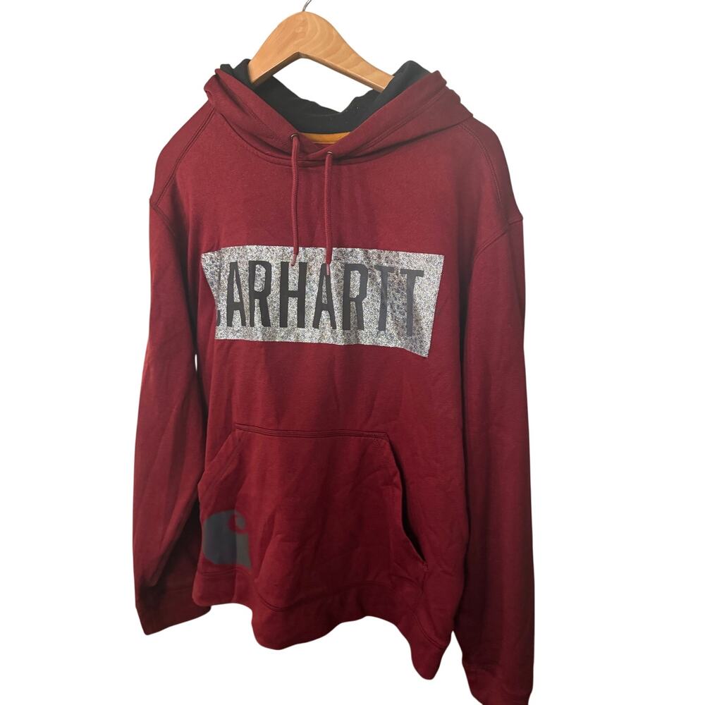 maroon Carhartt pullover hoodie large grey/silver box graphic with "CARHARTT